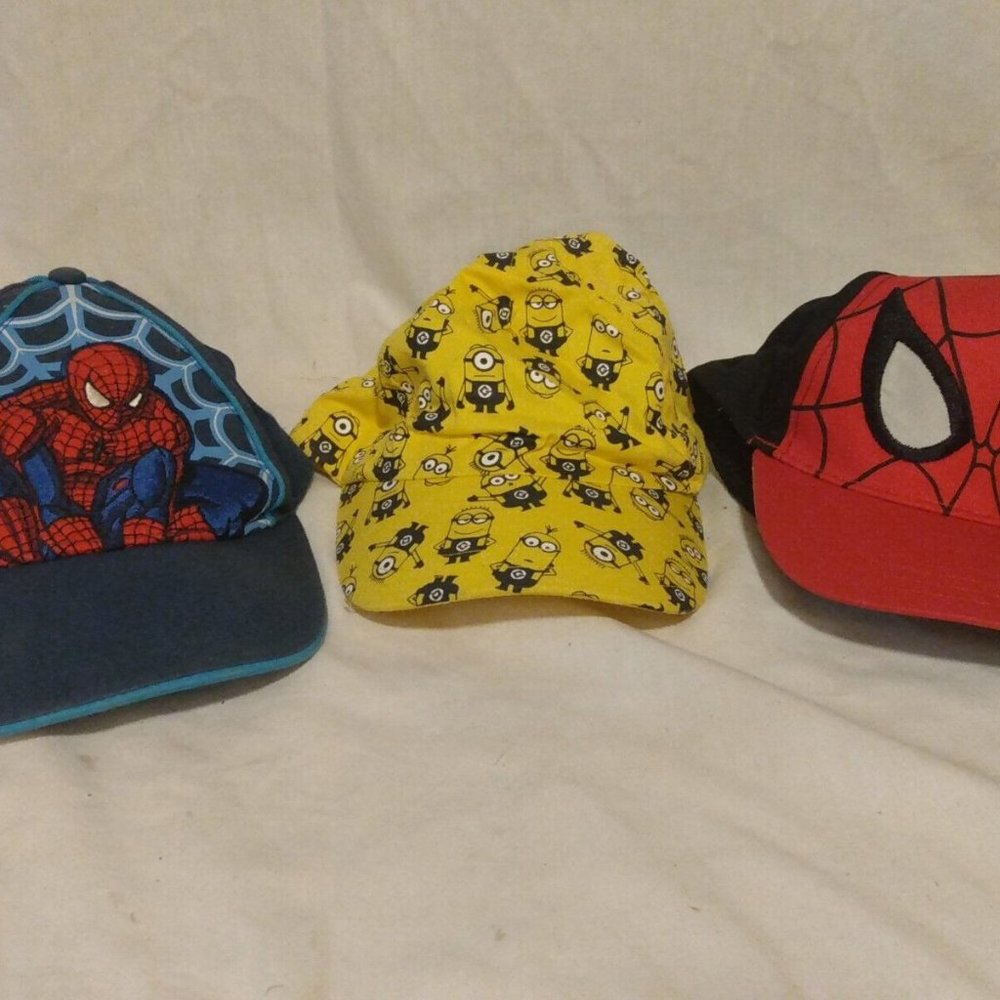 3 Lot Childs Cap Hat Spider Man Minion